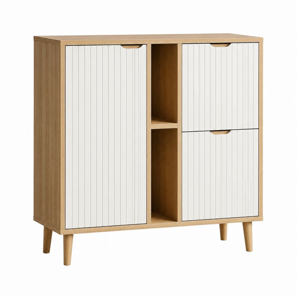 Buffet rectangulaire 3 portes blanc et chêne en panneaux de particules 120 x 40 x 120 cm