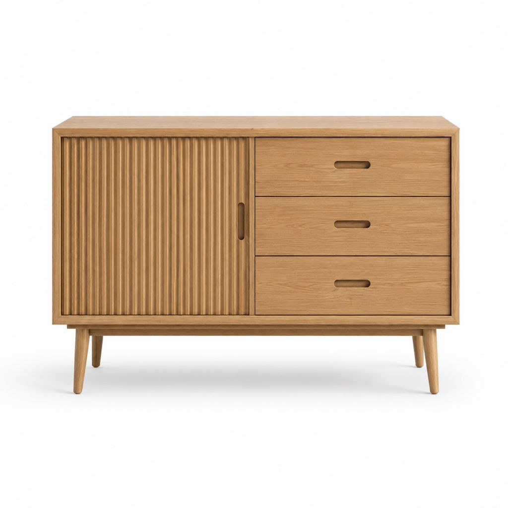 Buffet de rangement rectangulaire chêne massif naturel 120 x 40 x 80 cm avec porte coulissante et 3 tiroirs