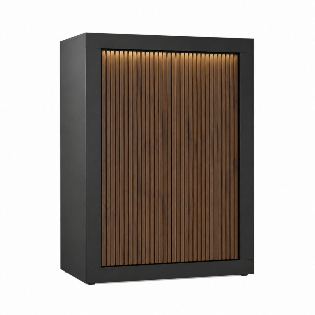 Buffet haut noir et noyer en MDF à façade rainurée avec éclairage LED 80 x 40 x 120 cm