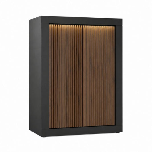 Buffet haut noir et noyer en MDF à façade rainurée avec éclairage LED 80 x 40 x 120 cm