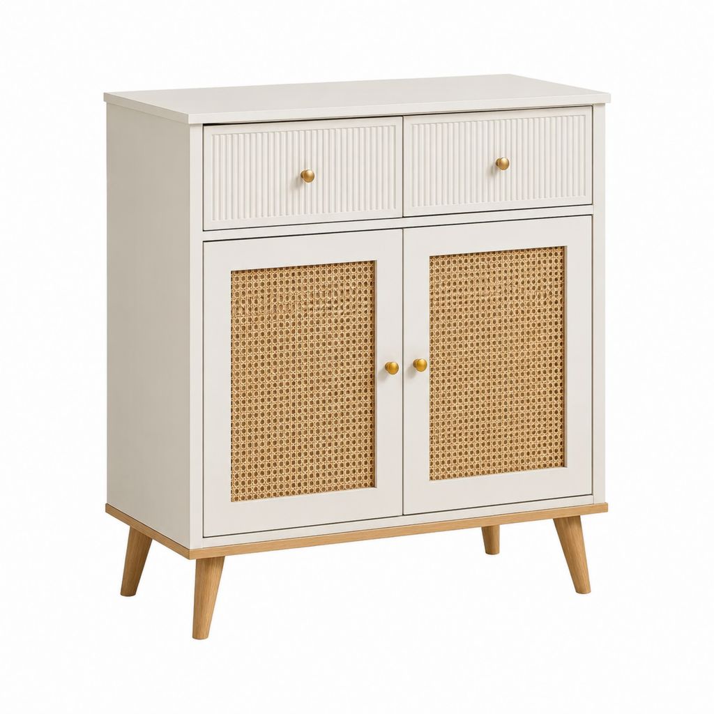 Buffet de rangement blanc en panneaux MDF et cannage de rotin 80 x 40 x 90 cm