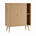 Buffet haut rectangulaire chêne clair en MDF et rotin 100 x 40 x 140 cm
