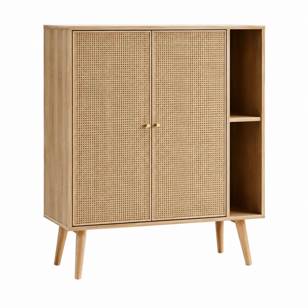Buffet haut rectangulaire chêne clair en MDF et rotin 100 x 40 x 140 cm