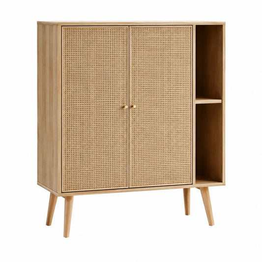 Buffet haut rectangulaire chêne clair en MDF et rotin 100 x 40 x 140 cm