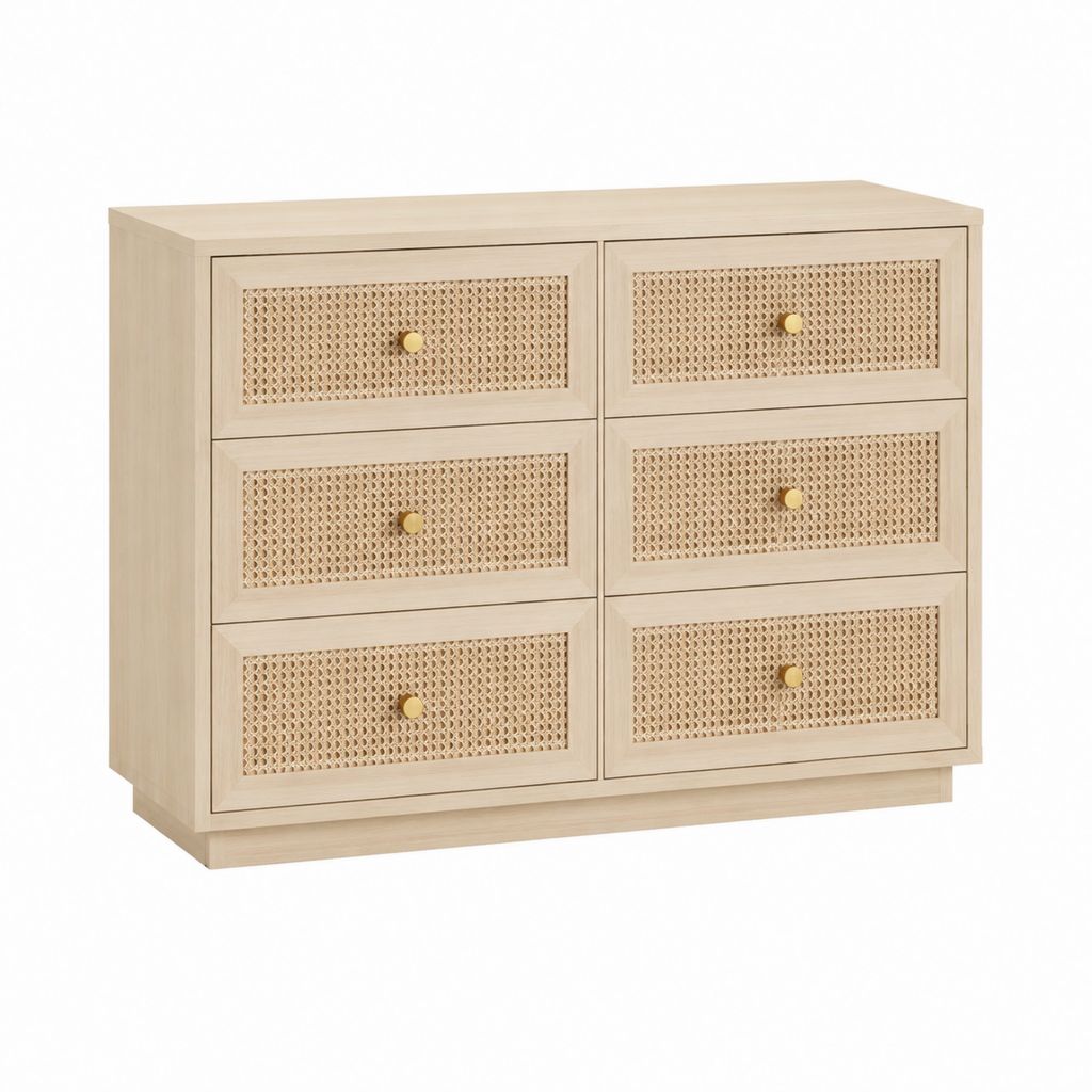 Buffet à 6 tiroirs beige en MDF plaqué chêne et cannage naturel 120 x 40 x 90 cm