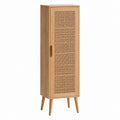 Buffet haut à 1 porte naturel en MDF plaqué chêne et cannage de rotin 40 x 40 x 160 cm