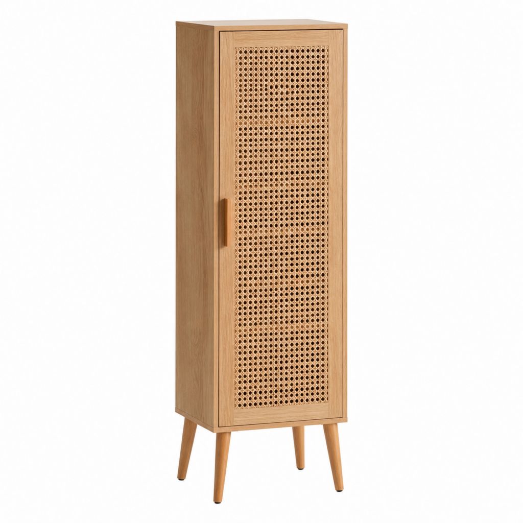 Buffet haut à 1 porte naturel en MDF plaqué chêne et cannage de rotin 40 x 40 x 160 cm