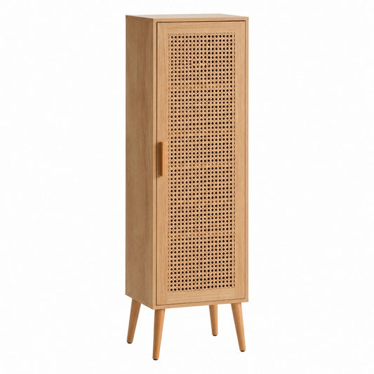 Buffet haut à 1 porte naturel en MDF plaqué chêne et cannage de rotin 40 x 40 x 160 cm