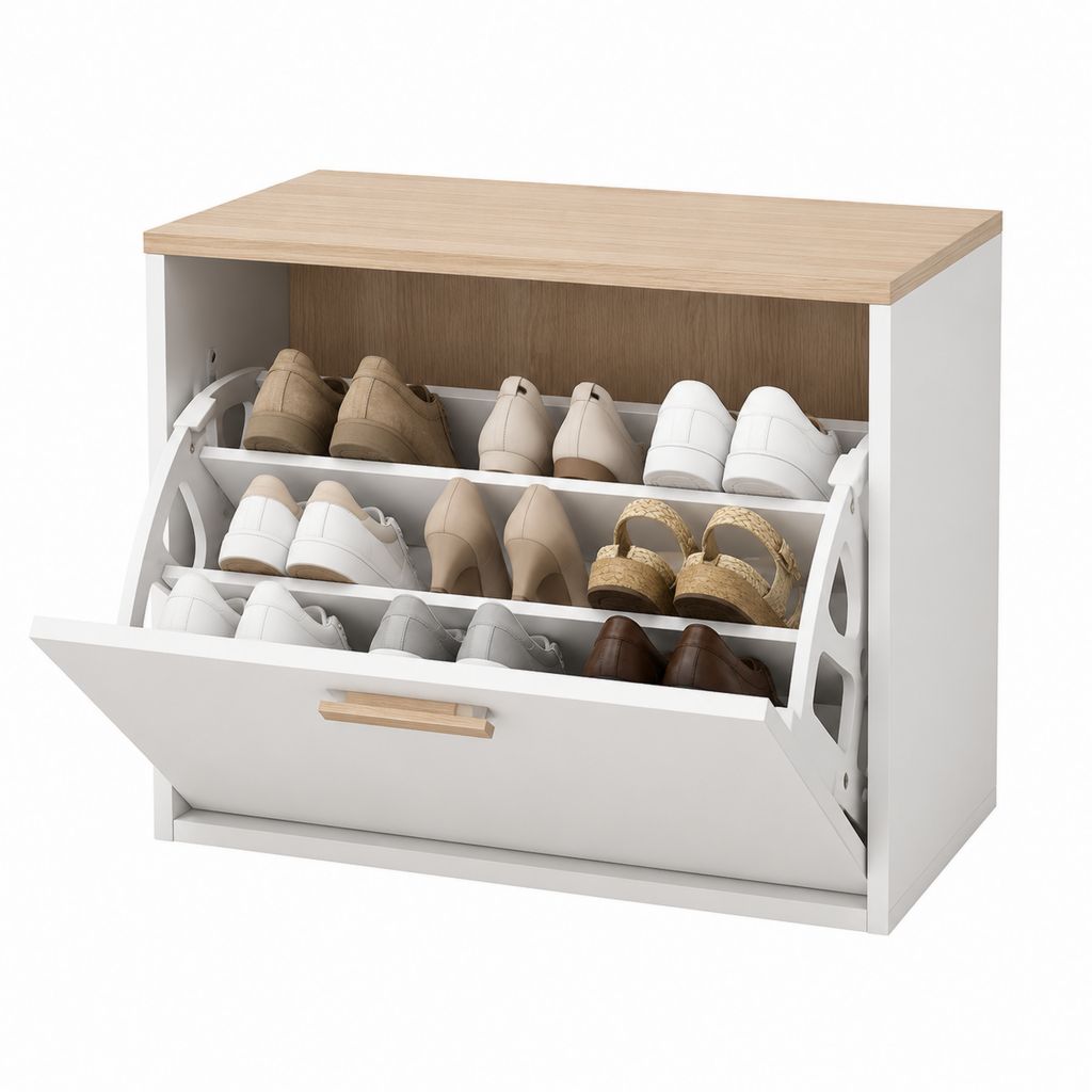 Meuble à chaussures basculant blanc et chêne clair en panneaux de particules 100 x 24 x 80 cm