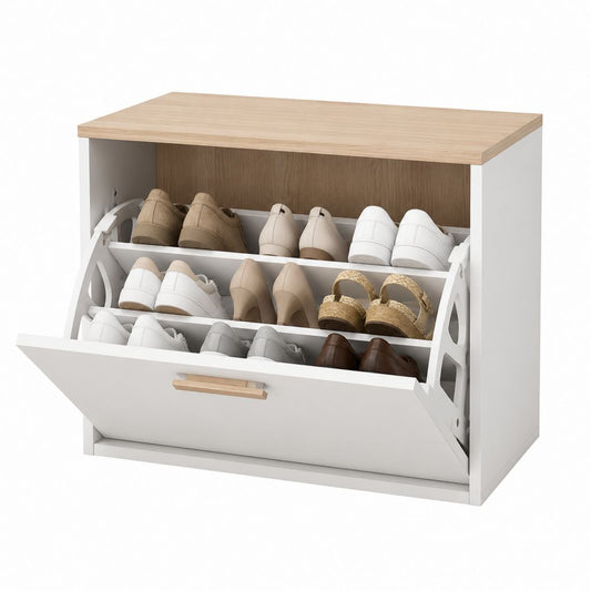 Meuble à chaussures basculant blanc et chêne clair en panneaux de particules 100 x 24 x 80 cm