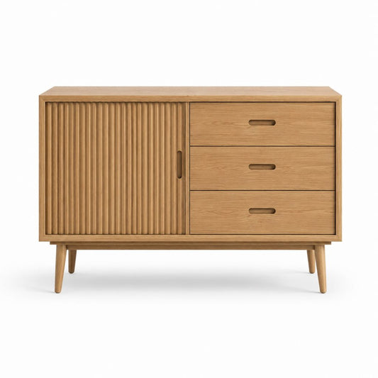 Buffet de rangement rectangulaire chêne massif naturel 120 x 40 x 80 cm avec porte coulissante et 3 tiroirs