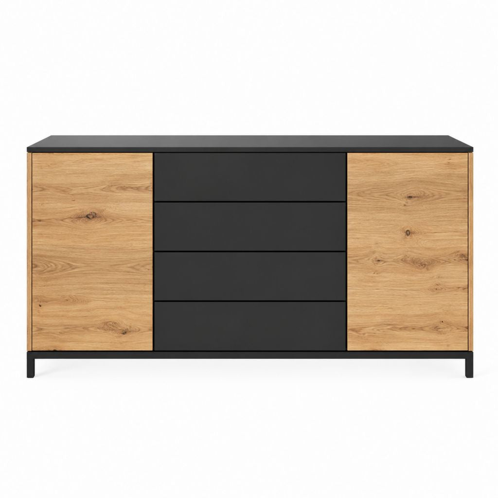 Buffet de salle à manger 2 portes 4 tiroirs noir et chêne en panneaux MDF et acier rectangulaire 180 x 40 x 80 cm