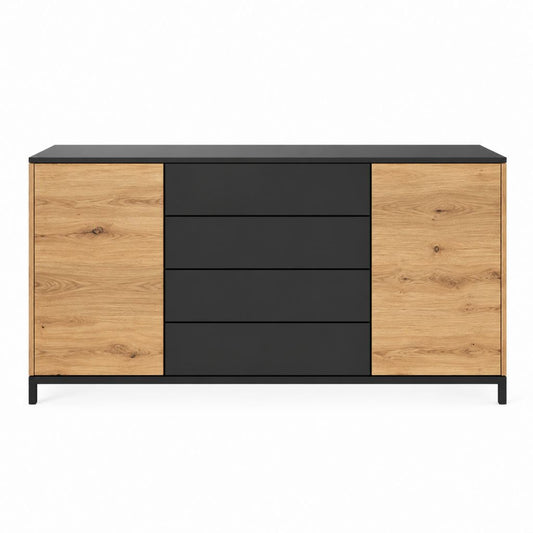Buffet de salle à manger 2 portes 4 tiroirs noir et chêne en panneaux MDF et acier rectangulaire 180 x 40 x 80 cm