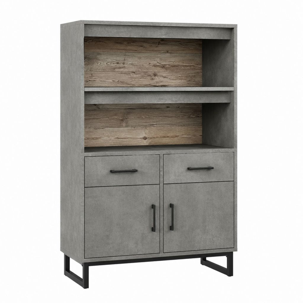 Buffet haut de rangement gris effet béton et chêne avec 2 portes 2 tiroirs 90 x 40 x 160 cm
