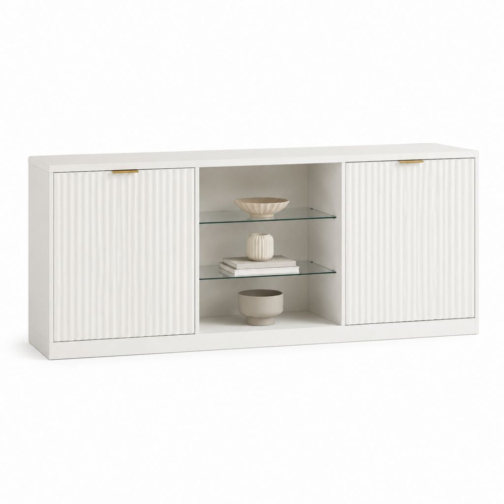 Buffet de salle à manger blanc en panneaux MDF rectangulaire avec portes rainurées et étagères en verre 160 x 40 x 75 cm