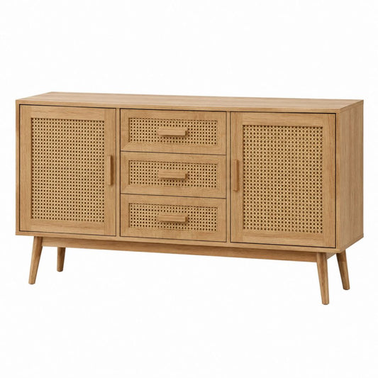 Buffet de salle à manger rectangulaire chêne et rotin tressé 160 x 40 x 80 cm