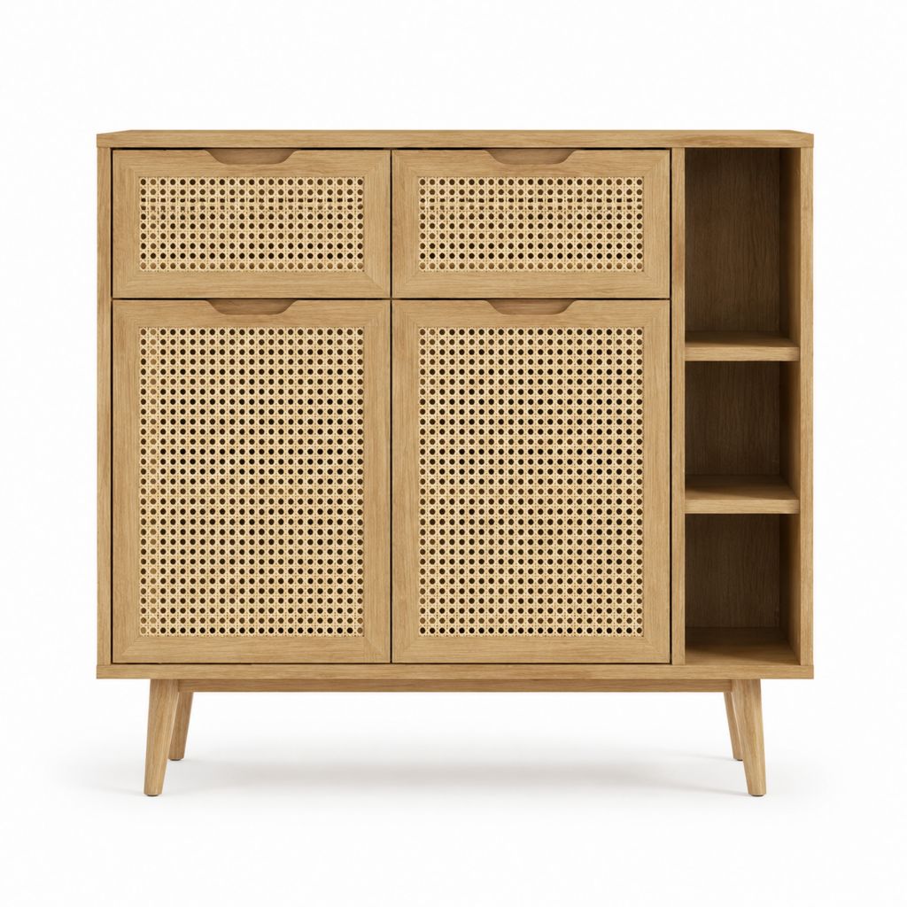 Buffet de salle à manger chêne naturel et rotin 120 cm x 40 cm x 120 cm