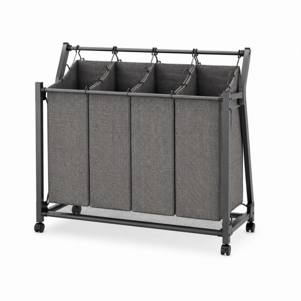 Panier à linge 3 compartiments roulant gris en polyester et acier 92 x 40 x 88 cm