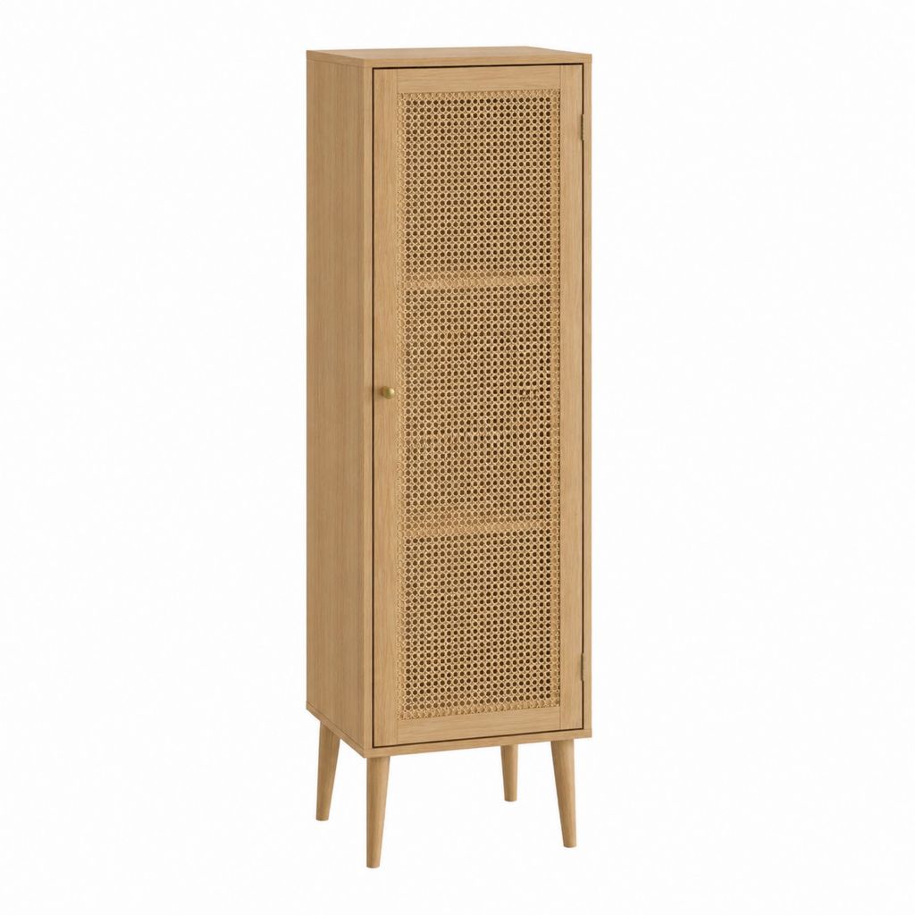 Buffet haut 1 porte en chêne naturel et cannage rectangulaire 50 x 40 x 180 cm