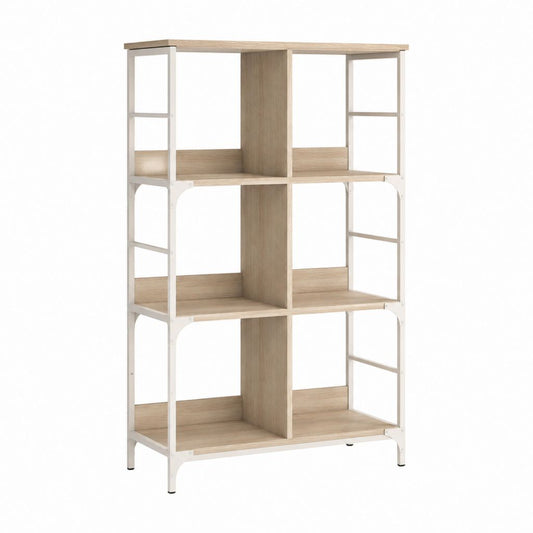 Bibliothèque ouverte 6 niches chêne clair et blanc en panneaux MDF et acier 80 x 30 x 120 cm