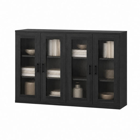 Buffet 4 portes noir en panneaux MDF et verre trempé strié 160 x 40 x 100 cm